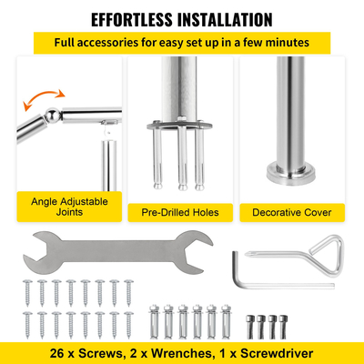 Κιγκλίδωμα VEVOR 5 σκαλοπατιών από ανοξείδωτο ατσάλι Μεταβατικό κιγκλίδωμα προσαρμοσμένο για επίπεδη επιφάνεια και 1 έως 5 σκαλοπάτια Ρυθμιζόμενο κιγκλίδωμα σκάλας Κάγκελα εσωτερικού χώρου εξωτερικού χώρου Χωρητικότητα 220 λίβρες με κιτ εγκατάστασης Porch DIY