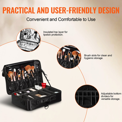 Θήκη μακιγιάζ VEVOR Μεγάλη αποθήκευση 3 επιπέδων, βολική μεταφορά με λαβή, λουράκι, επαγγελματικό αδιάβροχο κουτί οργάνωσης αποθήκευσης μακιγιάζ Oxford, θήκη για μακιγιάζ βαρέως τύπου, Μαύρο