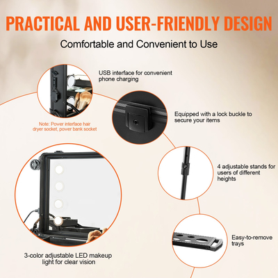 Θήκη τρένου μακιγιάζ VEVOR με κλειδαριά, φωτιζόμενο καθρέφτη, 4 δίσκους αποθήκευσης, βάση για πινέλο, κουτί οργάνωσης καλλυντικών με ηχεία με περιστρεφόμενους τροχούς, θήκη για τρόλεϊ στούντιο για επαγγελματίες καλλιτέχνες