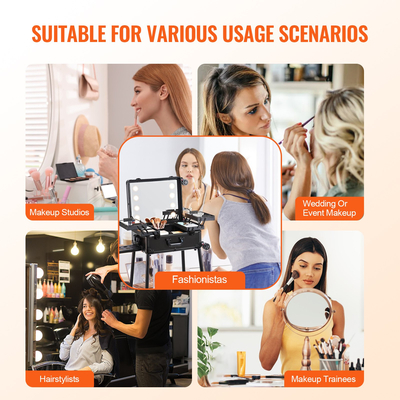 Θήκη τρένου μακιγιάζ VEVOR με κλειδαριά, φωτιζόμενο καθρέφτη, 4 δίσκους αποθήκευσης, βάση για πινέλο, κουτί οργάνωσης καλλυντικών με ηχεία με περιστρεφόμενους τροχούς, θήκη για τρόλεϊ στούντιο για επαγγελματίες καλλιτέχνες