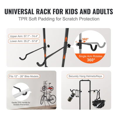 Βάση αποθήκευσης ποδηλάτου VEVOR 2, Κάθετη σχάρα ποδηλάτου τοίχου με βαρύτητα, πλήρως ρυθμιζόμενο γκαράζ, στιβαρό ατσάλι &amp; εύκολη συναρμολόγηση, για γκαράζ, σαλόνι, υπόστεγο, χωράει έως και 90 λίβρες μαύρο