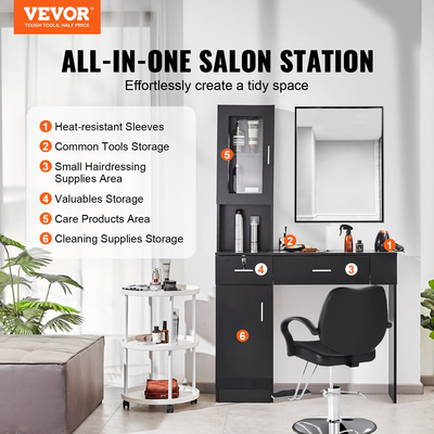 VEVOR Salon Station, Wall Mount Barber Salon Station for Hair Stylist, σετ επίπλων Beauty Spa, 1 ντουλάπι αποθήκευσης, 3 Cubbies και 2 συρτάρια (ένα που κλειδώνει), μαύρο