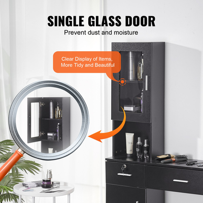 VEVOR Salon Station, Wall Mount Barber Salon Station for Hair Stylist, σετ επίπλων Beauty Spa, 1 ντουλάπι αποθήκευσης, 3 Cubbies και 2 συρτάρια (ένα που κλειδώνει), μαύρο