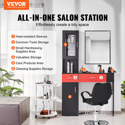VEVOR Salon Station, Wall Mount Barber Salon Station for Hair Stylist, σετ επίπλων Beauty Spa, 1 ντουλάπι αποθήκευσης, 3 Cubbies και 2 συρτάρια (ένα που κλειδώνει), μαύρο και κόκκινο