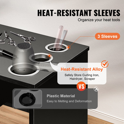 VEVOR Salon Station, Wall Mount Barber Salon Station for Hair Stylist, σετ επίπλων Beauty Spa, 1 ντουλάπι αποθήκευσης, 3 ανοιχτά Cubbies και 3 συρτάρια (Ένα που κλειδώνει), Μαύρο