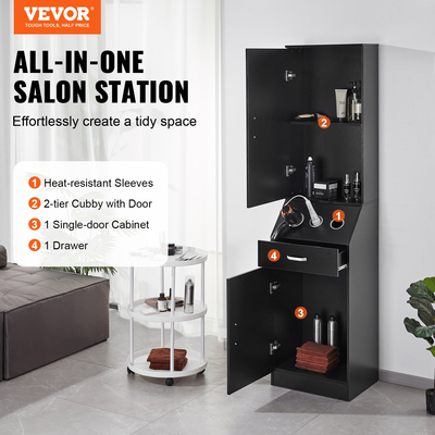 Ντουλάπα αποθήκευσης VEVOR Salon, Barber Salon Station for Hair Stylist, Hair Stylist Station Set, με 3 θήκες για πιστολάκι μαλλιών, ντουλάπια και ένα συρτάρι, μαύρο