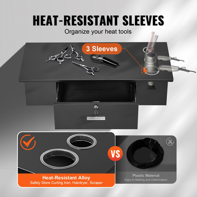 Σταθμός styling τοίχου VEVOR, Τραπέζι κουρείου με 3 θήκες για στεγνωτήρα μαλλιών, ένα συρτάρι που κλειδώνει, εξοπλισμός ινστιτούτου ομορφιάς για SPA, κουρείο, σπίτι &amp; μπάνιο, μαύρο