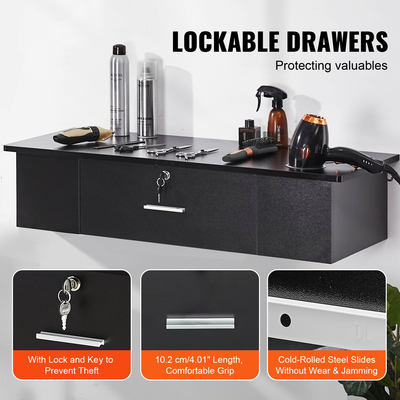 Σταθμός styling τοίχου VEVOR, Τραπέζι κουρείου με 3 θήκες για στεγνωτήρα μαλλιών, ένα συρτάρι που κλειδώνει, εξοπλισμός ινστιτούτου ομορφιάς για SPA, κουρείο, σπίτι &amp; μπάνιο, μαύρο