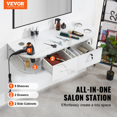 Σταθμός styling VEVOR Wall Mount, Τραπέζι Hair Barber με 5 θήκες για πιστολάκι μαλλιών, 2 συρτάρια (ένα που κλειδώνει), εξοπλισμός σαλονιού ομορφιάς για SPA, κουρείο, σπίτι &amp; μπάνιο, λευκό μάρμαρο