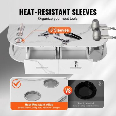 Σταθμός styling VEVOR Wall Mount, Τραπέζι Hair Barber με 5 θήκες για πιστολάκι μαλλιών, 2 συρτάρια (ένα που κλειδώνει), εξοπλισμός σαλονιού ομορφιάς για SPA, κουρείο, σπίτι &amp; μπάνιο, λευκό μάρμαρο