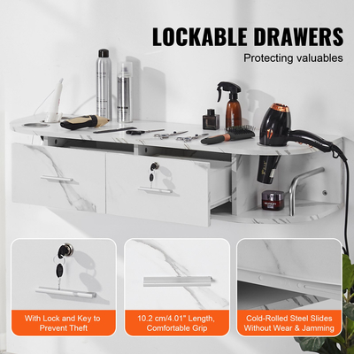 Σταθμός styling VEVOR Wall Mount, Τραπέζι Hair Barber με 5 θήκες για πιστολάκι μαλλιών, 2 συρτάρια (ένα που κλειδώνει), εξοπλισμός σαλονιού ομορφιάς για SPA, κουρείο, σπίτι &amp; μπάνιο, λευκό μάρμαρο