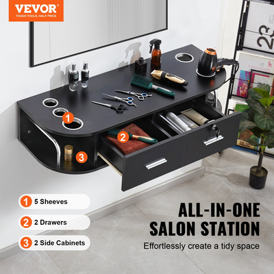 Σταθμός styling VEVOR Wall Mount, Τραπέζι Hair Barber με 5 θήκες για πιστολάκι μαλλιών, 2 συρτάρια (το ένα κλειδώνει), εξοπλισμός σαλονιού ομορφιάς για SPA, κουρείο, σπίτι &amp; μπάνιο, μαύρο