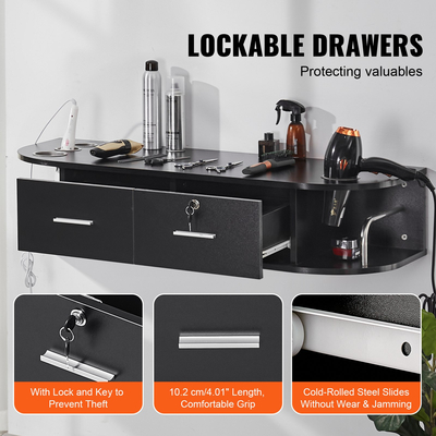 Σταθμός styling VEVOR Wall Mount, Τραπέζι Hair Barber με 5 θήκες για πιστολάκι μαλλιών, 2 συρτάρια (το ένα κλειδώνει), εξοπλισμός σαλονιού ομορφιάς για SPA, κουρείο, σπίτι &amp; μπάνιο, μαύρο