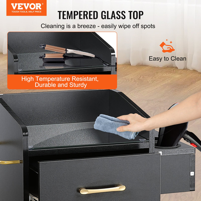 Καροτσάκι καροτσιού αποθήκευσης VEVOR Beauty Salon, Γυάλινο ντουλάπι κομμωτηρίου σταθμού για στυλίστρια με συρτάρι και στεγνωτήριο, καρότσι κομμωτηρίου MDF σε τροχό σε 4 ρόδες (2 που κλειδώνουν) για Barber Beauty SPA