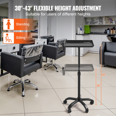 VEVOR Cart Tray Salon, 30&quot;-43&quot; Ρυθμιζόμενος σε ύψος Δίσκος Rolling Salon, Πιάτο τατουάζ ψυχρής έλασης με 5 ρόδες (2 που κλειδώνουν) για SPA Barbershop Clinic, μαύρο