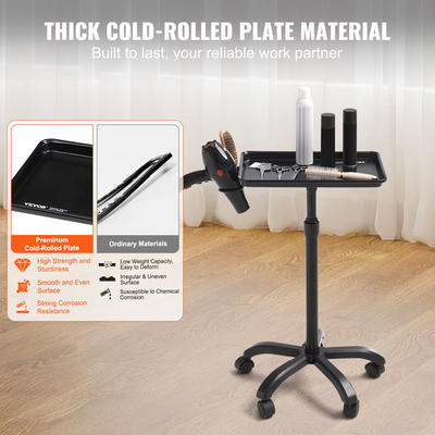 VEVOR Cart Tray Salon, 30&quot;-43&quot; Ρυθμιζόμενος σε ύψος Δίσκος Rolling Salon, Πιάτο τατουάζ ψυχρής έλασης με 5 ρόδες (2 που κλειδώνουν) για SPA Barbershop Clinic, μαύρο