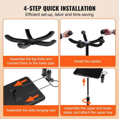 VEVOR Cart Tray Salon, 30&quot;-43&quot; Ρυθμιζόμενος σε ύψος Δίσκος Rolling Salon, Πιάτο τατουάζ ψυχρής έλασης με 5 ρόδες (2 που κλειδώνουν) για SPA Barbershop Clinic, μαύρο