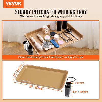 Καροτσάκι με δίσκο VEVOR Salon, 30&quot;-43&quot; Ρυθμιζόμενος σε ύψος Δίσκος Rolling Salon, δίσκος για τατουάζ ψυχρής έλασης με 5 ρόδες (2 που κλειδώνουν) για SPA Barber Clinic, Gold &amp; Black