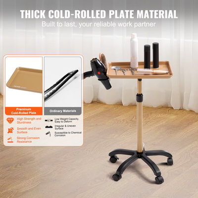 Καροτσάκι με δίσκο VEVOR Salon, 30&quot;-43&quot; Ρυθμιζόμενος σε ύψος Δίσκος Rolling Salon, δίσκος για τατουάζ ψυχρής έλασης με 5 ρόδες (2 που κλειδώνουν) για SPA Barber Clinic, Gold &amp; Black