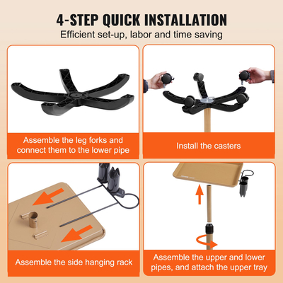 Καροτσάκι με δίσκο VEVOR Salon, 30&quot;-43&quot; Ρυθμιζόμενος σε ύψος Δίσκος Rolling Salon, δίσκος για τατουάζ ψυχρής έλασης με 5 ρόδες (2 που κλειδώνουν) για SPA Barber Clinic, Gold &amp; Black