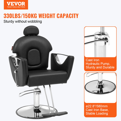VEVOR Salon Chair, Hydraulic Recliner Barber Chair for Hair Stylist, 360 μοίρες Περιστρεφόμενη 90°-130° Ανακλινόμενη καρέκλα σαλονιού για Beauty Spa Shampoo, Μέγιστο βάρος φόρτωσης 330 lbs, Μαύρο