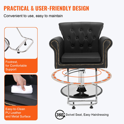 Καρέκλα κομμωτηρίου VEVOR, Καρέκλα κουρείου για κομμωτή, καρέκλα styling με υδραυλική αντλία βαρέως τύπου, καρέκλα κομμωτηρίου 360° περιστρεφόμενη με στήριγμα ποδιών για Beauty Spa σαμπουάν, μέγιστο βάρος φόρτωσης 330 lbs, μαύρο