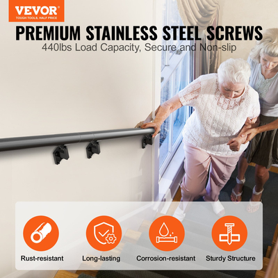 Κιγκλίδωμα σκάλας VEVOR, 12 πόδια, Κιγκλιδώματα τοίχου για εσωτερικές σκάλες, Χειρολαβή από κράμα αλουμινίου πάχους με κιτ εγκατάστασης, κιγκλίδωμα σκάλας χωρητικότητας 440 LBS για εξωτερικές σκάλες