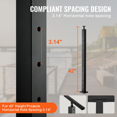 Στύλος κιγκλιδώματος καλωδίου VEVOR 4 συσκευασιών 42x2x2in Στύλος κιγκλιδώματος κατάστρωμα με οριζόντια τρύπα από χάλυβα