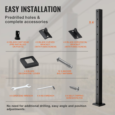 Στύλος κιγκλιδώματος καλωδίου VEVOR 4 συσκευασιών 42x2x2in Στύλος κιγκλιδώματος κατάστρωμα με οριζόντια τρύπα από χάλυβα