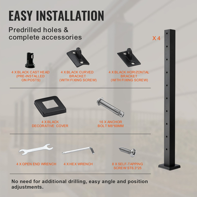 Στύλος κιγκλιδώματος καλωδίου VEVOR 4 συσκευασιών 36x2x2 ιντσών κιγκλίδωμα κατάστρωμα με οριζόντια τρύπα