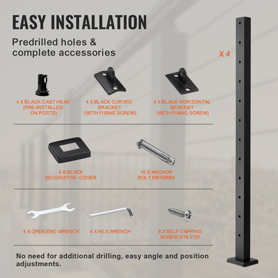 Στύλος κιγκλιδώματος καλωδίου VEVOR 4 συσκευασιών 42x1x2 ιντσών κιγκλίδωμα κατάστρωμα με οριζόντια τρύπα