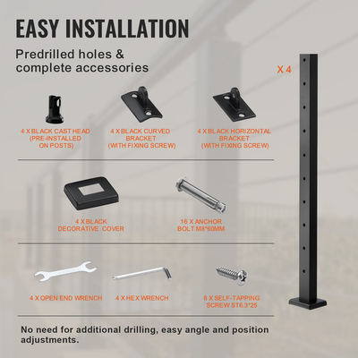 Στύλος κιγκλιδώματος καλωδίου VEVOR 4 συσκευασιών 36x1x2in Στύλος κιγκλιδώματος κατάστρωμα με οριζόντια τρύπα από χάλυβα