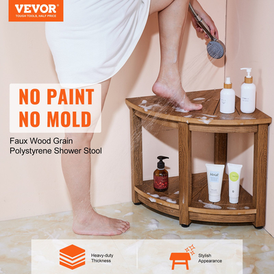 VEVOR Γωνιακός πάγκος ντους, 18,5&quot; Ύψος 17,75&quot; Ακτίνα, Faux Wood Grain Polystyrene, 350 LBS με ράφι αποθήκευσης, Αδιάβροχο, Σκαμπό ντους για εσωτερικό &amp; εξωτερικό ντους, για μπάνιο, σαλόνι