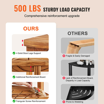 VEVOR Γωνιακός πάγκος ντους Teak, 18,5&quot; Ύψος 15,5&quot; Ακτίνα, 100% Teak Wood Corner Shower Beach, ανθεκτικό στο καλούπι, 500 LBS με ράφι αποθήκευσης, σκαμπό ντους για εσωτερικό &amp; εξωτερικό ντους, για μπάνιο