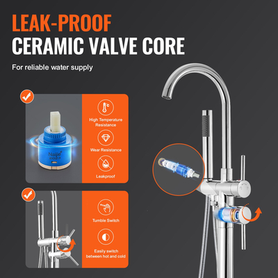 VEVOR ανεξάρτητη βρύση μπανιέρας, βάση δαπέδου, ανεξάρτητη πλήρωση μπανιέρας, βρύσες μίξερ ντους, δύο λειτουργίες νερού, περιστρεφόμενο στόμιο 360°, για μπάνιο και ντους Καθαρισμός αποχετεύσεων Καθαρισμός αποχέτευσης Τουαλέτας