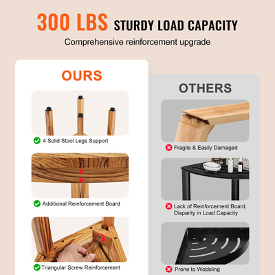 VEVOR Γωνιακός πάγκος ντους Teak, 12,4&quot; Ύψος 11,5&quot; Ακτίνα, 100% Teak Wood Corner Shower Beach, ανθεκτικό στο καλούπι, 300 LBS με ράφι αποθήκευσης, σκαμπό ντους για εσωτερικό &amp; εξωτερικό ντους, για μπάνιο