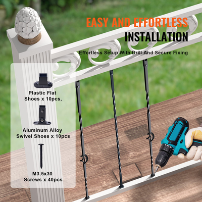 Μεταλλικά κάγκελα σκάλας VEVOR, 44&#039;&#039; x 1/2&quot; γαλβανισμένοι ατσάλινοι διακοσμητικοί άξονες κάγκελο, κάγκελο 10 συσκευασιών με κούφια μονά καλάθια, στριφτές, σπειροειδή κιγκλιδώματα σκάλας με παπούτσια &amp; βίδες