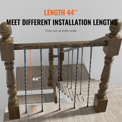 Μεταλλικά κάγκελα σκάλας VEVOR, 44&#039;&#039; x 1/2&quot; Διακοσμητικές άξονες από γαλβανισμένο χάλυβα, κιγκλίδωμα κατάστρωμα 10 συσκευασιών με κοίλες συστροφές, σατέν μαύρο σπειροειδές κιγκλίδωμα σκάλας με παπούτσια &amp; βίδες