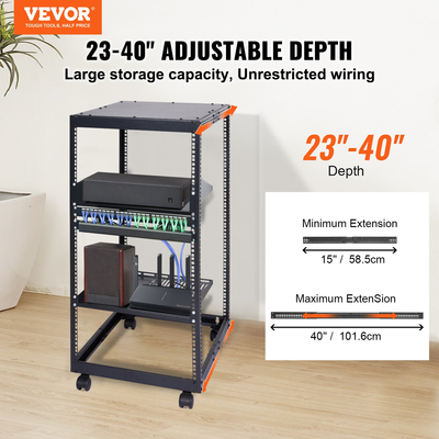 VEVOR 20U Open Frame Server Rack, Ρυθμιζόμενο βάθος 15&#039;&#039;-40&#039;&#039;, Free Standing ή Wall Mount Network Server Rack, 4 Post AV Rack με Casters, Χωράει όλο τον εξοπλισμό πληροφορικής δικτύωσης σας Μόντεμ AV Gear Router
