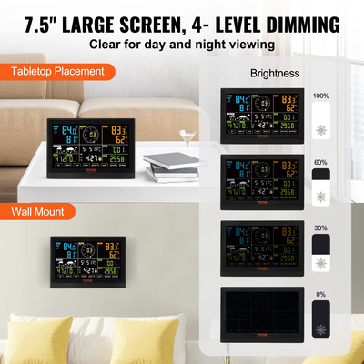 Μετεωρολογικός σταθμός VEVOR 7 σε 1 Wi-Fi, Έγχρωμη οθόνη 7,5 ιντσών, Εσωτερικός εξωτερικός χώρος οικιακού μετεωρολογικού σταθμού, με ειδοποιήσεις συναγερμού ηλιακού ασύρματου αισθητήρα εξωτερικού χώρου, για θερμοκρασία υγρασία Ταχύτητα ανέμου/κατεύθυνση βροχής