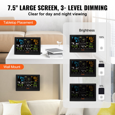 VEVOR 7-σε-1 ασύρματος μετεωρολογικός σταθμός, 7,5 σε μεγάλη έγχρωμη οθόνη, ψηφιακός οικιακός μετεωρολογικός σταθμός Εσωτερικός εξωτερικός χώρος, για θερμοκρασία υγρασία Ταχύτητα ανέμου/κατεύθυνση βροχής UV, με δεδομένα πρόγνωσης, συναγερμός, ειδοποιήσεις