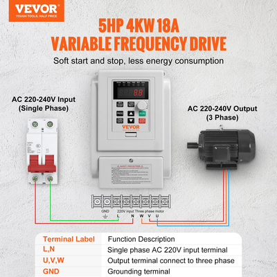 VEVOR VFD 4KW, 18A, 5HP Μεταβλητής συχνότητας κίνησης για έλεγχο ταχύτητας κινητήρα 3 φάσεων