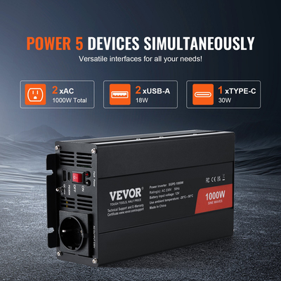 VEVOR Pure Sine Wave Power Inverter 1000W DC12V to AC230V Τηλεχειριστήριο CE FCC