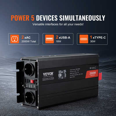 VEVOR Pure Sine Wave Power Inverter 2000W DC12V to AC230V LCD Τηλεχειριστήριο CE