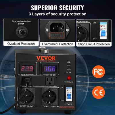 Μετασχηματιστής μετατροπέα τάσης VEVOR, 1000VA, μετασχηματιστής βαρέως τύπου Step Up/Down, Μετατροπή από 110 Volt σε 220 Volt και από 220 Volt σε 110 Volt, με πρίζα US Outlet EU 5V Θύρα USB, Πιστοποίηση CE