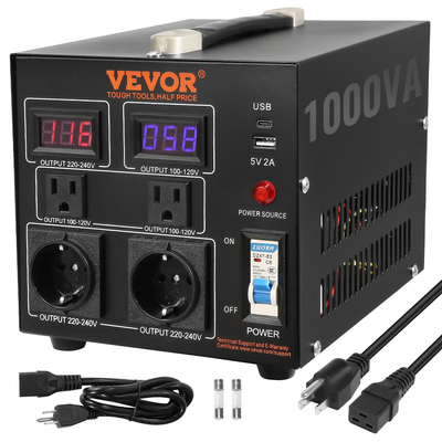 Μετασχηματιστής μετατροπέα τάσης VEVOR, 1000VA, μετασχηματιστής βαρέως τύπου Step Up/Down, Μετατροπή από 110 Volt σε 220 Volt και από 220 Volt σε 110 Volt, με πρίζα US Outlet EU 5V Θύρα USB, Πιστοποίηση CE