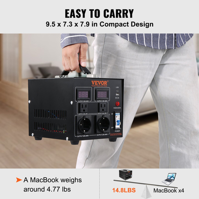 Μετασχηματιστής μετατροπέα τάσης VEVOR, 2000VA, μετασχηματιστής βαρέως τύπου Step Up/Down, Μετατροπή από 110 Volt σε 220 Volt και από 220 Volt σε 110 Volt, με πρίζα US Outlet EU Outlet 5V USB, με πιστοποίηση CE