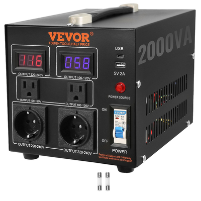 Μετασχηματιστής μετατροπέα τάσης VEVOR, 2000VA, μετασχηματιστής βαρέως τύπου Step Up/Down, Μετατροπή από 110 Volt σε 220 Volt και από 220 Volt σε 110 Volt, με πρίζα US Outlet EU Outlet 5V USB, με πιστοποίηση CE