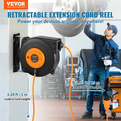 VEVOR Πτυσσόμενο καλώδιο προέκτασης Καρούλι καλωδίου τροφοδοσίας 19m 1000W Καλώδιο εισόδου 1m