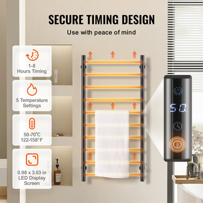 VEVOR Θερμαινόμενη κρεμάστρα πετσετών 10 ράβδων Επιτοίχια Θερμαινόμενη κρεμάστρα πετσετών για μπάνιο σε μαύρο χρώμα